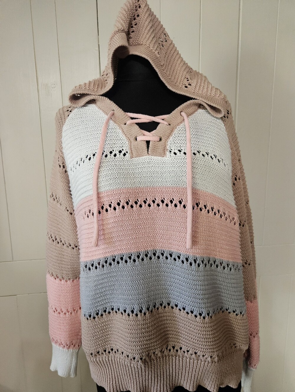 Striped Hooded Knit Sweater in Blush, White, Gray, Beige